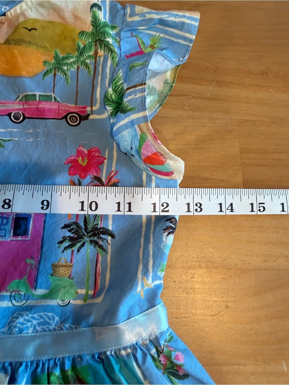 Patachou Girls Blue Postcard Beach Print Dress Size 8Y Cotton Peter Pan Collar